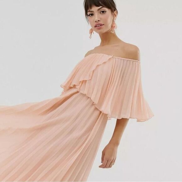 ASOS Nude Blush Pleated Off Shoulder Flowy Midi Dress NEW - Picture 2 of 16